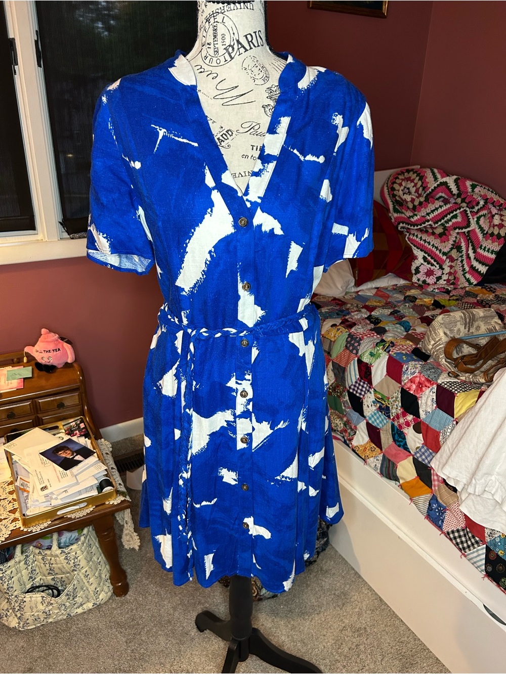 Nine West Blue and White Tie-Waist Button-Front Dress